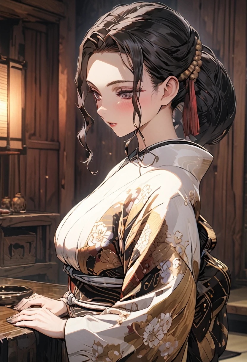 Muzan Kibutsuji, big breasts, Japanese room,HD, 8K, very good quality, masterpiece, perfect and detailed face, detailed background, Ultra quality 