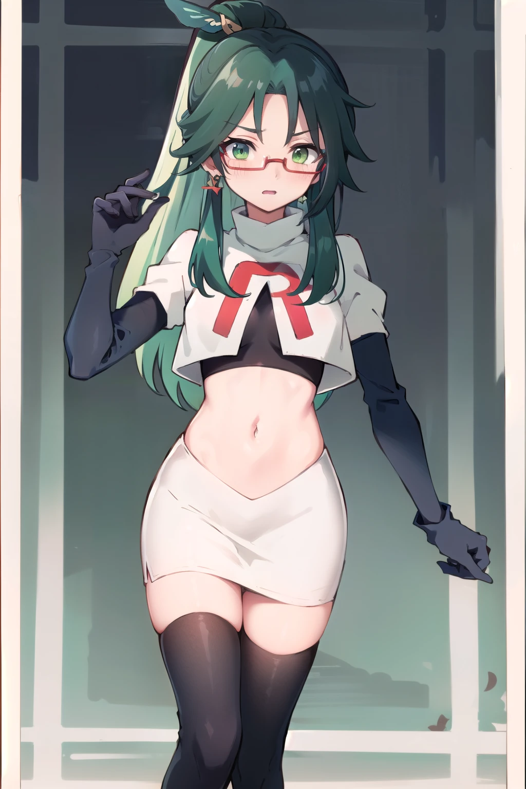 masterpiece, 1girl, simmer, green skin, colored skin, green hair, red eyes, horns, team rocket,team rocket uniform,white skirt,red letter R,crop top,black thigh-highs,black elbow gloves