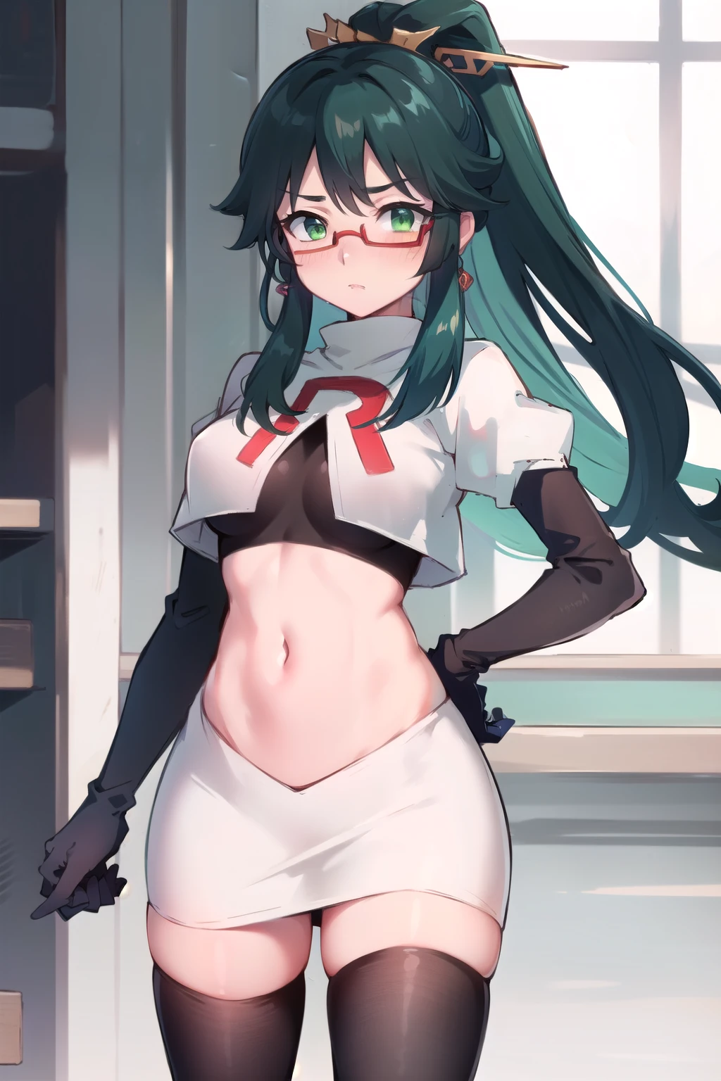  masterpiece, best quality, anime, highly detailed face, perfect lighting, long hair, ponytail, multicolored hair, black hair, bangs, glasses, semi-rimless eyewear, earrings, green hair, hair ornament, jewelry, red-framed eyewear, green eyes, team rocket,team rocket uniform,white skirt,red letter R,crop top,black thigh-highs,black elbow gloves, embarrassed, blush