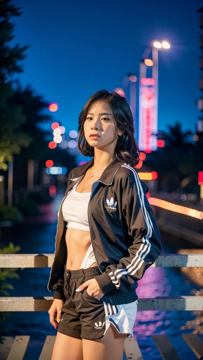 Masterpiece, best quality, ultra high resolution, hyper realistic, realistic, (photorealistic:1.4), masterpiece of analog film photograph a girl, taken by Hideaki Hamada using Pentax 67II and Kodak Portra, natural facial expression, solo, loose hair, ((wearing black Adidas tracktop jacket)), open jacket, sport bra, smooth skin, neon citylights, cinematic lighting, aesthetic film mood, casual and relaxed atmosphere, front view, shallow depth of field, no motion blur, well-balanced exposure, cleavage 