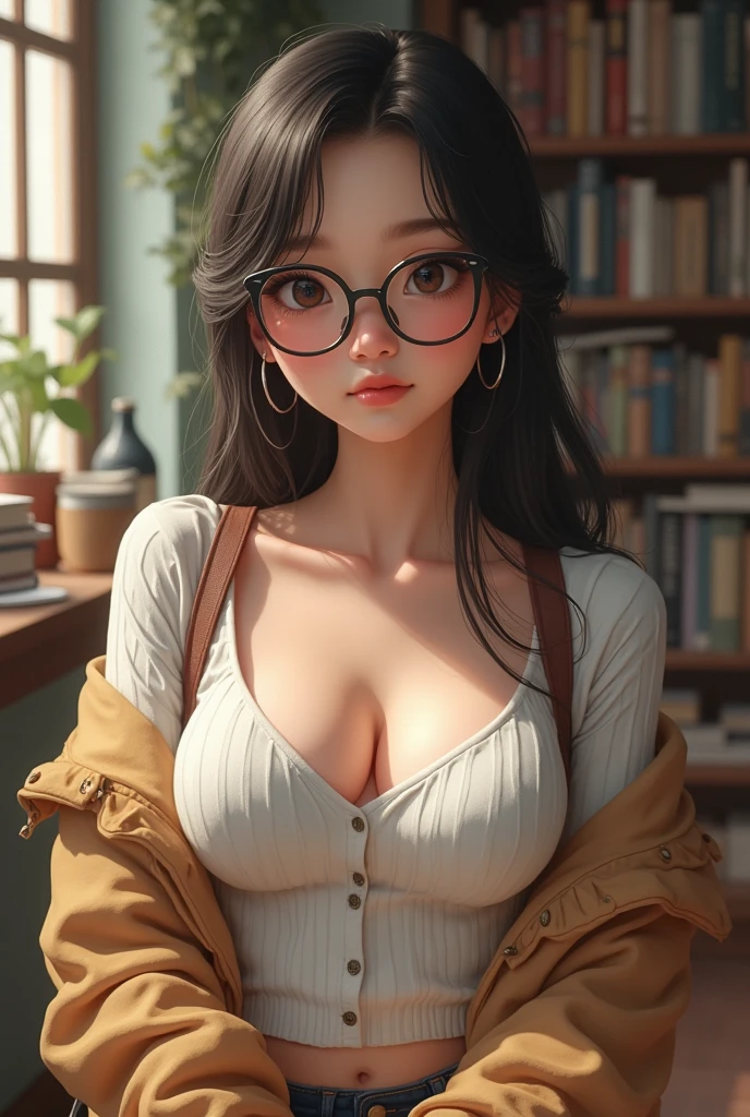 Solo, 1girl, masterpiece, best quality, extremly detailed, Cinematic lighting, intricate detail, highres, official art, finely detailed beautiful face and eyes, high resolution illustration, 8k, dark intense shadows, overexposure, [blonde hair/brown hair], single braid, blue eyes, glasses, smug, sitting on chair, upper body, large breasts, white shirts, yellow suspenders, book_stack, library, ((vine)), rose, looking at the viewer, (two heads)