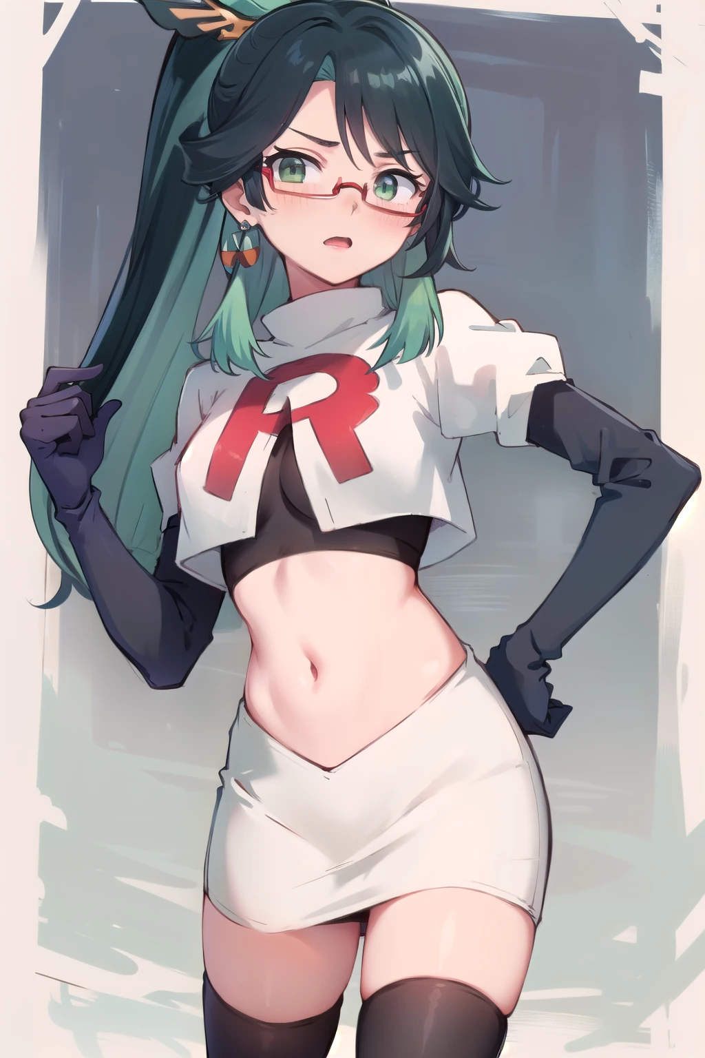  masterpiece, best quality, anime, highly detailed face, perfect lighting, long hair, ponytail, multicolored hair, black hair, bangs, glasses, semi-rimless eyewear, earrings, green hair, hair ornament, jewelry, red-framed eyewear, green eyes, team rocket,team rocket uniform,white skirt,red letter R,crop top,black thigh-highs,black elbow gloves, embarrassed, blush