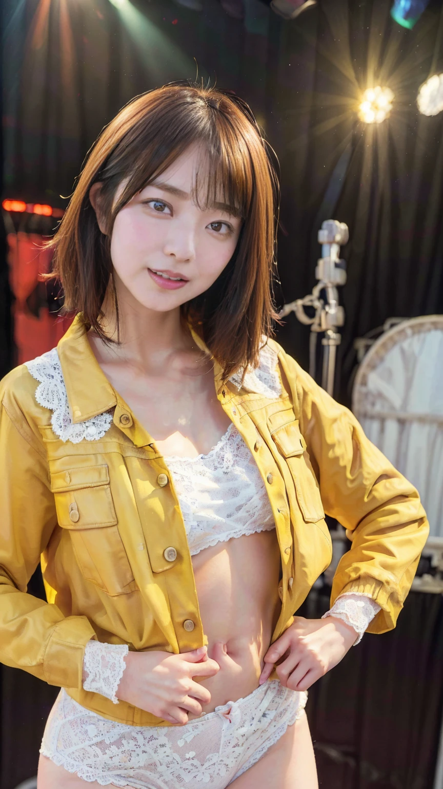 (8k、RAW Photos、Best Quality、masterpiece:1.2)、(Realistic、Realistic)、1 girl、((Medium Hair、Yellow Jacket、White bra、Showing her white lace panties、Big Breasts、stage、Spotlight、View from the front、Looking into the camera、Stand with hands on hips))、Close-up of face、Close-up of upper body、Embarrassed smile、