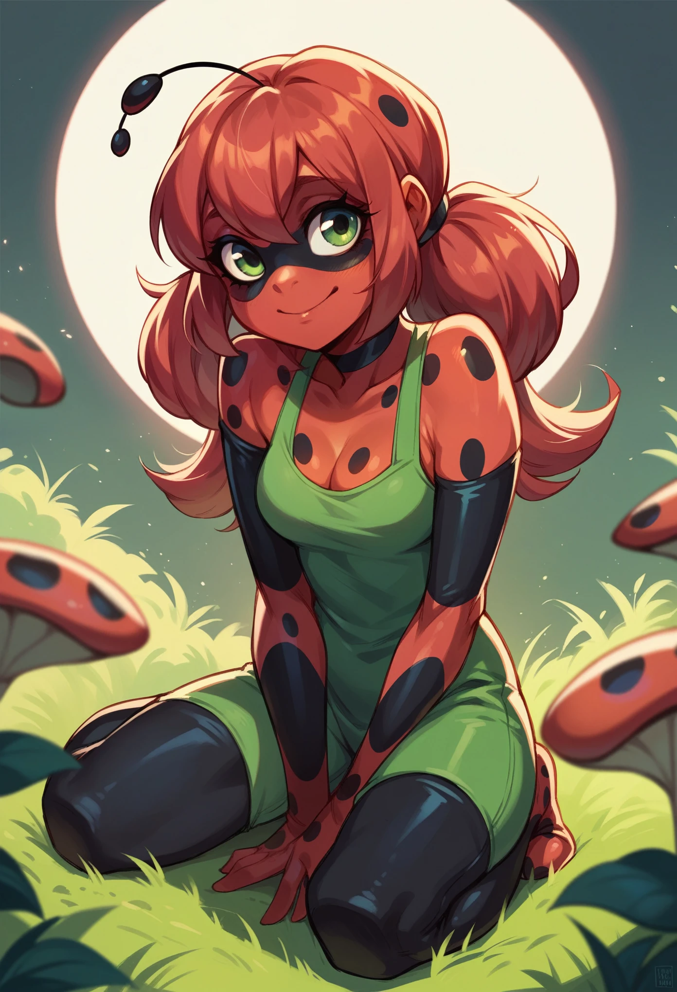 front view, 18 year old asian girl dressed as ladybug, (ladybug from Miraculous: Tales of Ladybug & Cat Noir:1.0), red lipstick, wearing tight sexy skimpy ladybug outfit, full body, caramel skin, long wild black hair with purple highlights, toned legs, small natural breasts, slim waist, topless, exposed breasts, tiny black panties, looking at the viewer, dark solid background, ladybug costume