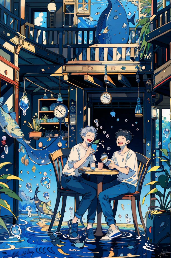 (masterpiece:1.2), best quality,PIXIV, 
fairy tale style, multiple men, 2 man, clock, short sleeves, sitting, closed eyes, chair, plant, cup, shoes, table, shirt, open mouth, water, fish, signature, bubble, pants, wide shot, leaf, white shirt, smile
 