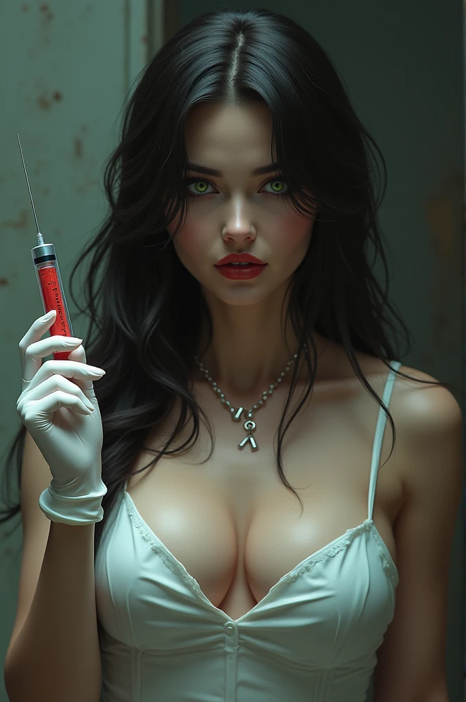  that lies on an old stretcher, She has a horrified expression because she is kidnapped., She is wearing a skirt, an open green jacket, y on his chest tiene algunas vendas viejas con sangre seca, and below them come out 2 cables that connect to a car battery that is next to her, and has his abdomen uncovered, revealing her navel, A terrified girl looks at the battery., Grab the cables with one hand and pull them.., Feeling a sharp pain in her chest and letting out a scream. Ella con la cabeza y la mirada directamente on his chest agarra las vendas con las manos y comienza a arrancárselas. She has her hands on his chest grabbing the bandages. She tears the bandages off her chest.(Las vendas solo cubron his chest, her abdomen is uncovered and her belly button is visible.) While she pulls off the bandages, a device embedded in the bandages can be seen little by little., connected by the two cables to the car battery, He took off all the bandages, leaving her half naked with her breasts exposed., And in the middle of her breasts, on his chest, has a magnet embedded in his skin with dried blood still there, and two wires come out of the magnet connected to the car battery. (I want the drawing to show her naked breasts and for the magnet to be bigger and for the seams of the magnet to be visible stuck to her skin.)
