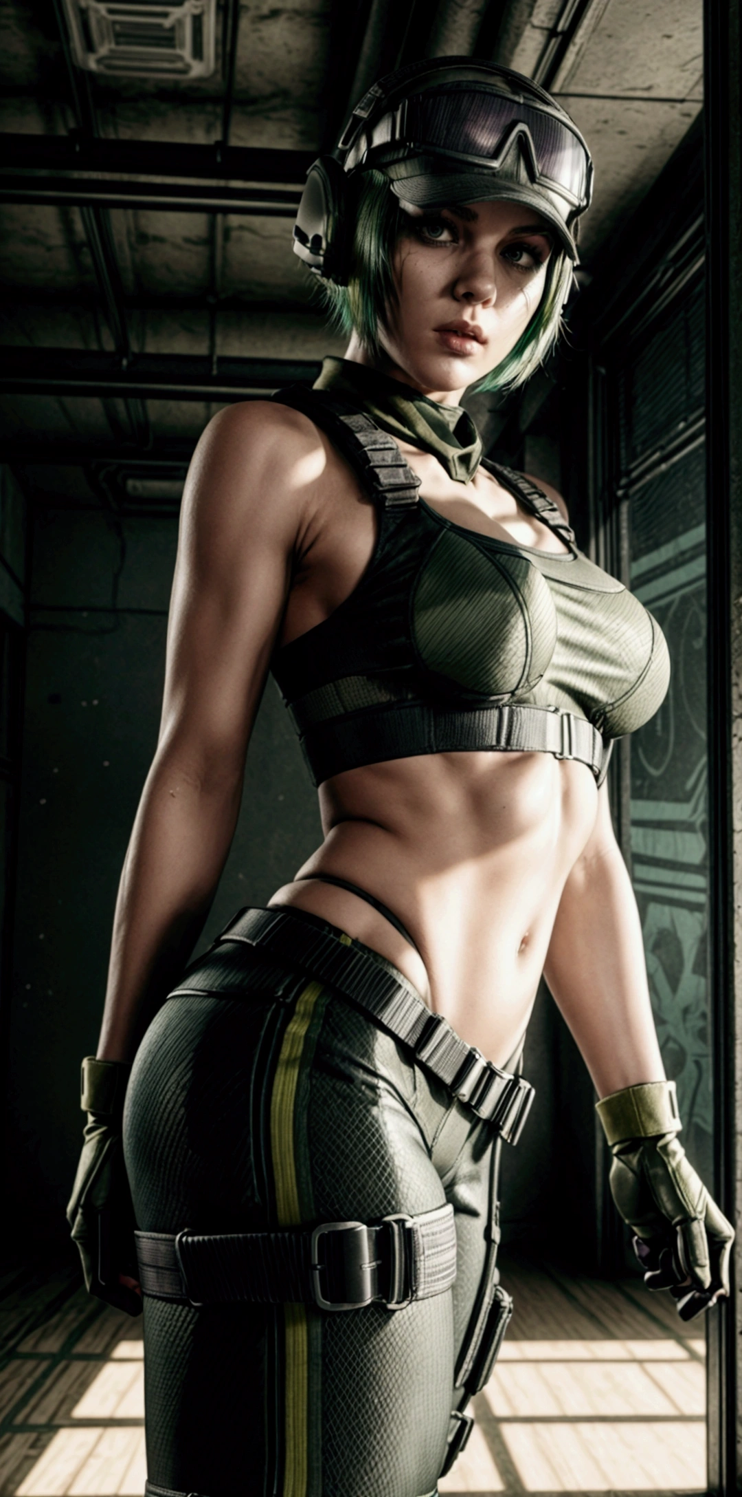 ela rainbow six siege, green short hair, cap, tactical headphones, belts, straps, tight black cloth, sexy pose, thin narrow waist, big sexy breasts, yoga military pants, googles, tactical gloves, headset, shirt