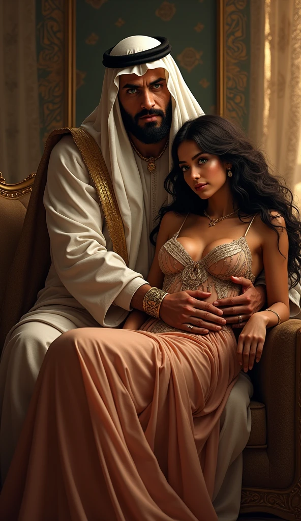 there are two people dressed in gold sitting on a couch, arabian wrestling woman, arabian, arabian art, deviantart artstation cgscosiety, middle eastern skin, 8k high quality detailed art, arabian princess, arabian nights, orientalisme, harem, arabian night, artgerm and genzoman, commission for high res, realistic gold, raytracing, hijab