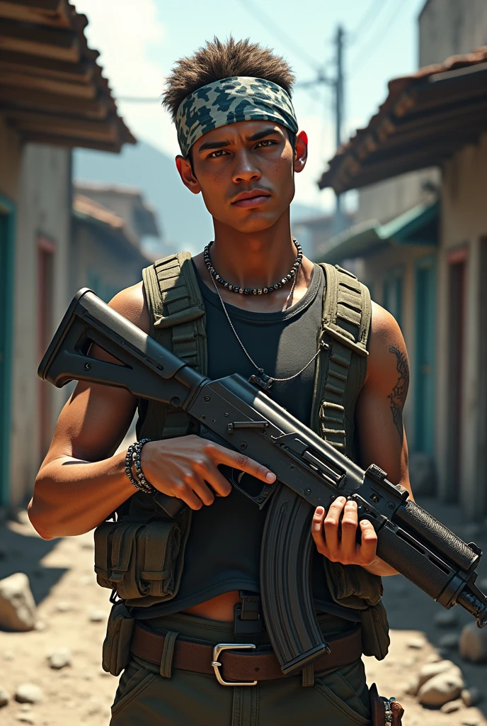 image depicting the favela, boy with a gun (ak47), shirtless boy, with scar, full body image, (extremely detailed CG unit 8K wallpaper, Artwork, best quality, ultra-detailed, hdr:1.2), in flip-flops, houses underneath one another, brick, mud floor, scar on the leg, house hallway.