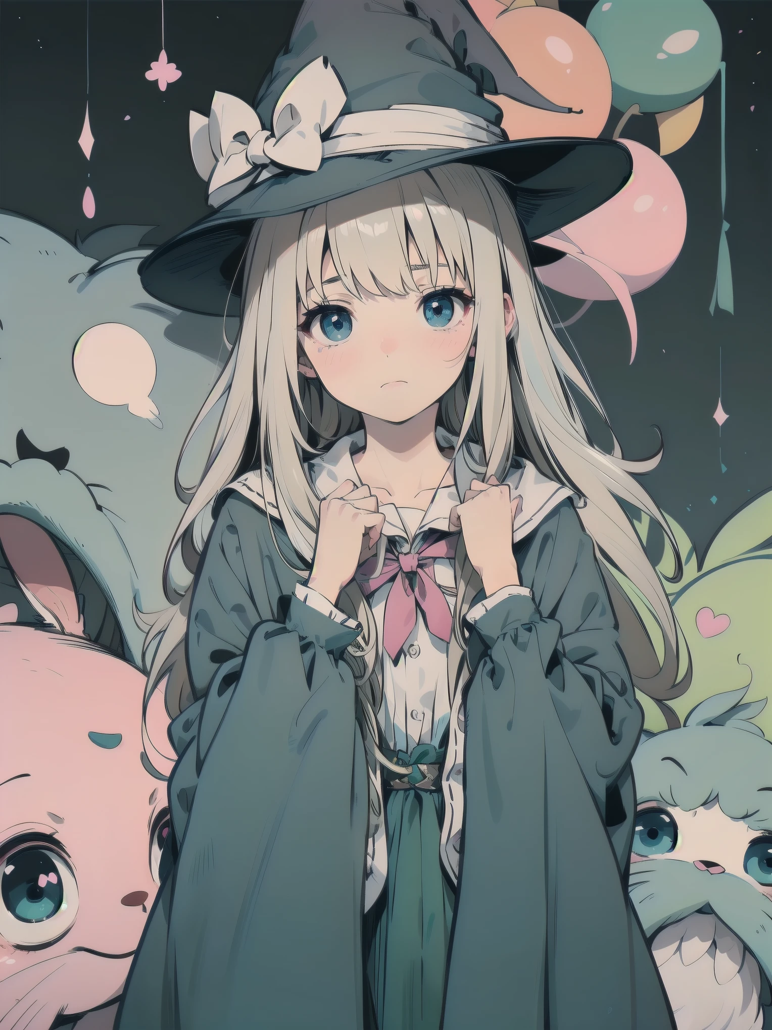 🎶, (🧙‍♀️), ✡, ✨(hat), , Alice in Wonderland, Alone, very beautiful, cute, adorable, embarrassed, alone, blue eyes, look at viewer, looking up, kawaii tech, pastel colors, kawaii, cute colors, Alice in Wonderland, alone, very beautiful, cute, adorable, embarrassed, alone, blue eyes