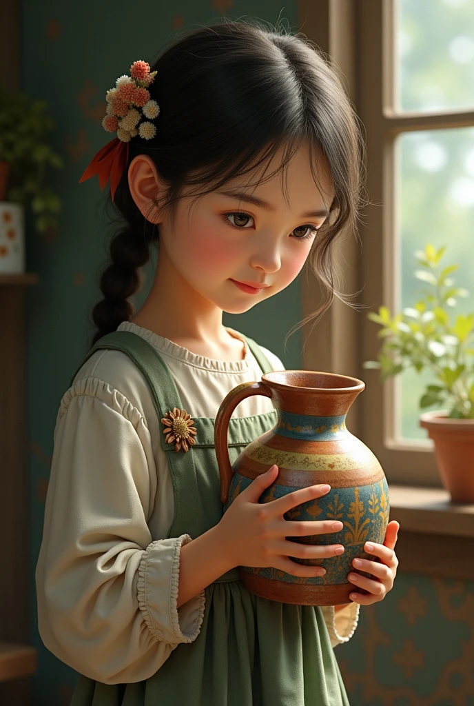 (8k, RAW photo, best quality, masterpiece), (photorealistic), outstanding details, ultra-high resolution, anatomically correct, textured skin, (Extremely precise and accurate ???????), Ultra Detailed Face, Detailed Eyes, (Cute Japanese girl), light smile, A potter working in her studio in the forest, She makes big pots out of clay, cinematic lighting in the hair, hair light, wind in the hair, A square in the forest, (backlighting), reflection light, atmospheric perspective, depth of field, (dramatic lighting), cinematic lighting,
