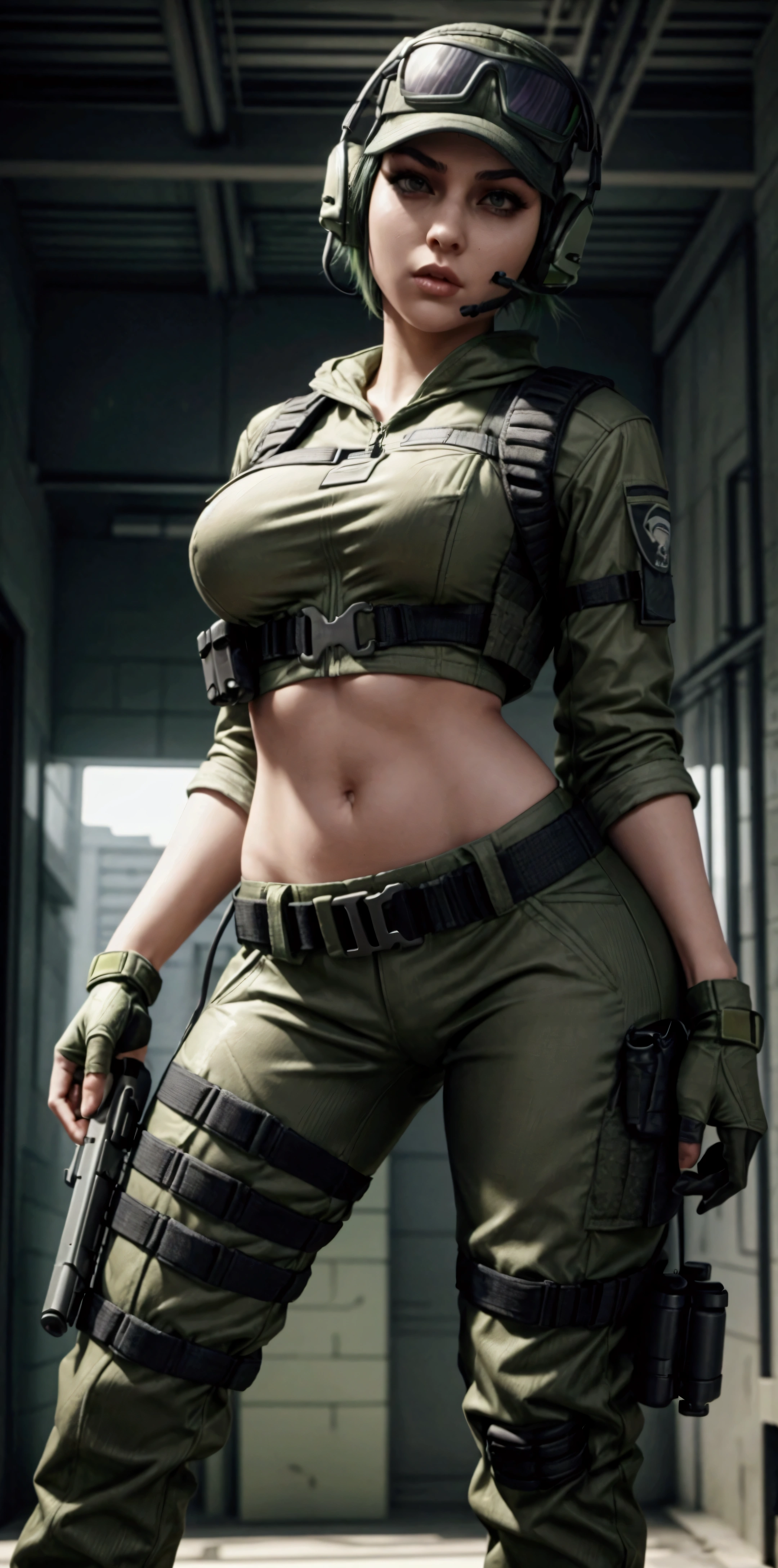 ela rainbow six siege, green short hair, cap, tactical headphones, belts, straps, tight cloth, pose, pockets on the cloth, thin narrow waist, big , yoga military pants, googles, tactical gloves, headset,