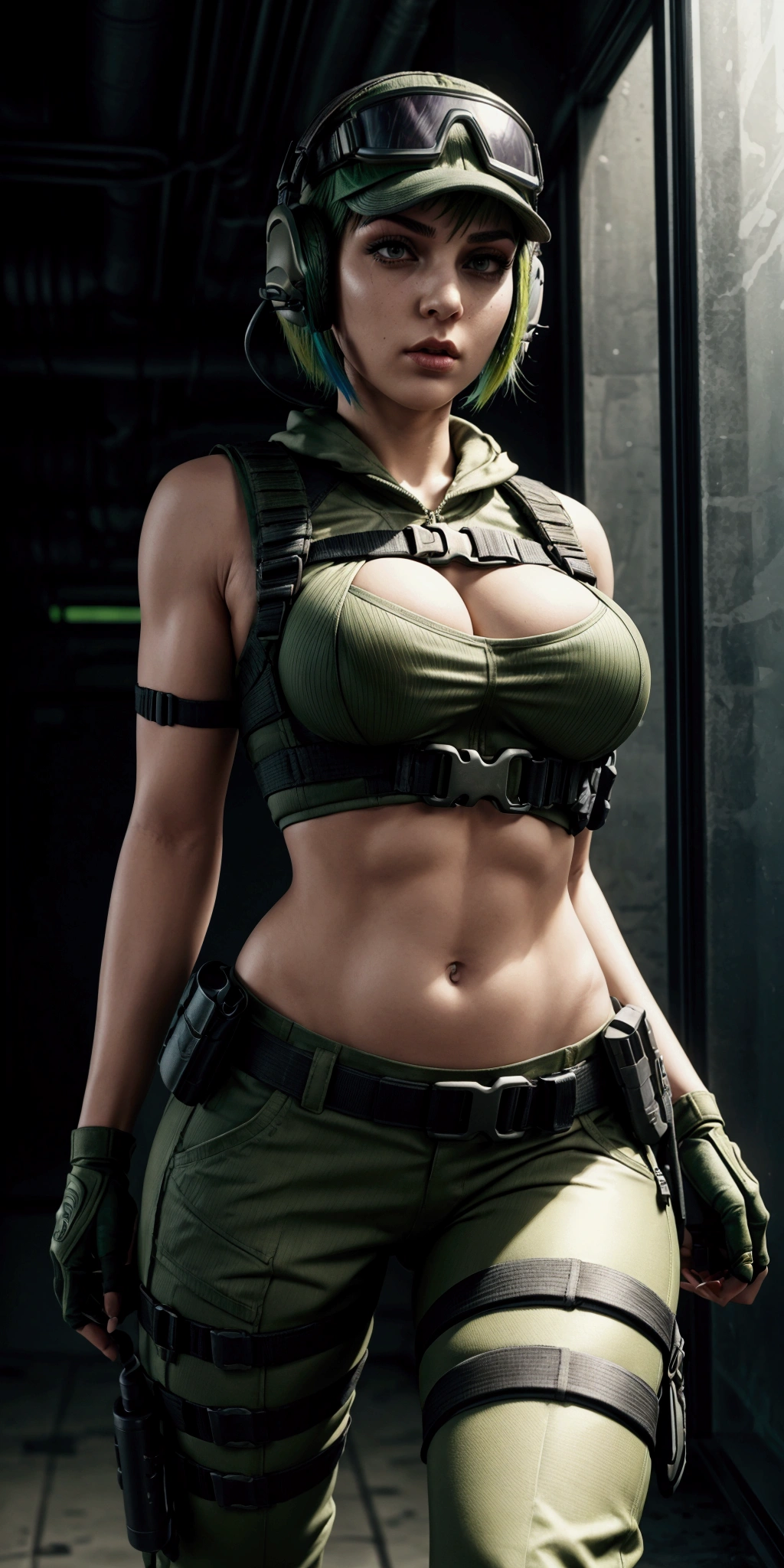 ela rainbow six siege, green short hair, cap, tactical headphones, belts, straps, tight cloth, sexy pose, pockets on the cloth, thin narrow waist, big sexy breasts, yoga military pants, googles, tactical gloves, headset,