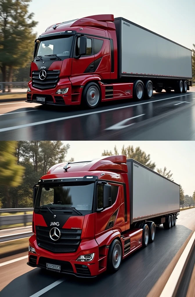 (high quality image, high definition, Photo realistic) SIDE VIEW OF A MERCEDES BENZ ACTROSS TYPE TRACTOR TRUCK, with the characteristics of a lamborghini, aggressive, powerful. The truck is RED AND BLACK, big grill, with the acronym "JAC" on the grill, ON THE ROAD, sunlight reflecting on the bodywork. wet floor, Water, cinematic lighting, glowing light, Reflection light, 16K, UHD, Retina, masterpiece, accurate, high quality, best quality, highres, 16K