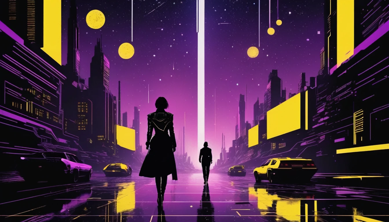 《bladerunner》filmposter：1 lady, Starry sky and zodiac constellations, The purple hue is like a nebula, Vast space, Cyber punk perssonage bottom city, ( Background with:black and yellow Background with1.4), (symmetry:1.2), (artistic décor:1.4), (Retro-Future:1.4), (Minimalist:1.4), (Clean:1.4), (Flat_colours:1.4), (cyber punk perssonage,android:1.4), CCDDA art style, big boobies