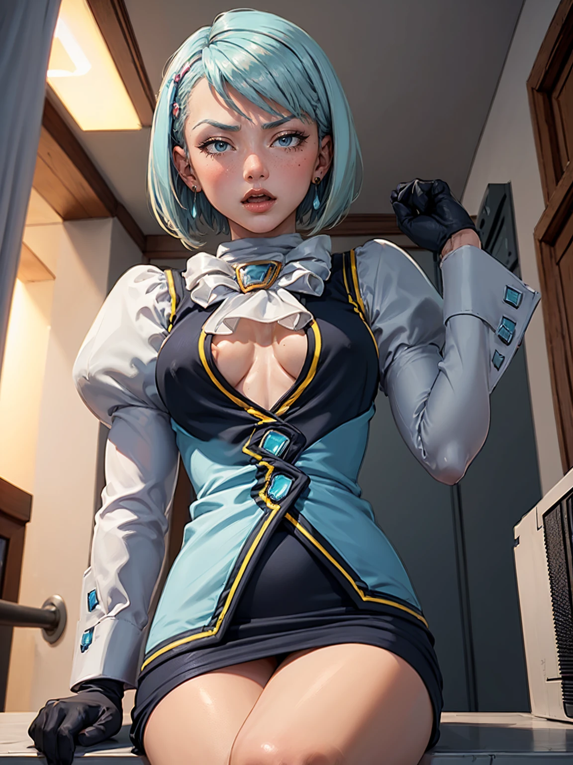 8k, ray tracing, vibrant colors, (aafranziska, light blue hair:1.5), (8 years_old:2.0), (solo:1.5), ascot, black vest, (flat chest:1.4), bare arms, pencil skirt, pantyhose, black gloves, jewelry, earrings, slim figure, masterpiece, sharp focus, Best Quality, depth of field, cinematic lighting, very detailed clothes, (condom belt, condom hair ornament:1.4), ((so embarrassed, blush)), perfect eyes, perfect hair, Rich in details and textures, masterpiece, Best Quality, beautiful girl, Sun light, chiaroscuro, (perfect hands:0.7, Clean hands:0.7), ((((Professional photography)))), ((Dream)), Whole body