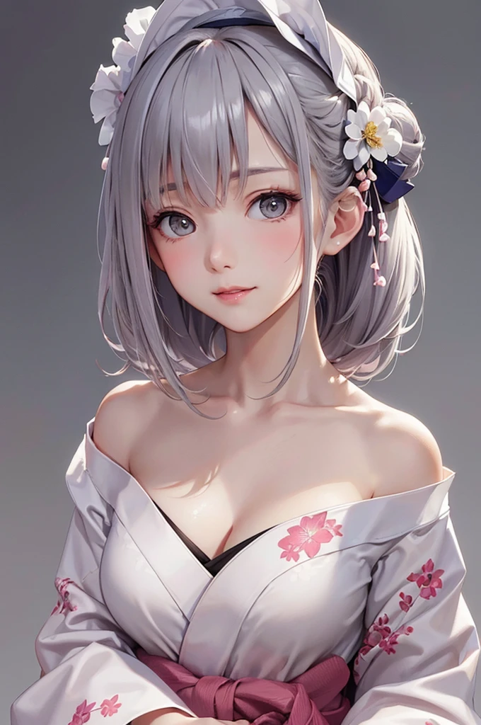 (((film grain、RAW photo)))、albino、one girl、２４talent、cute face、fine white skin、plump lips、Red Flower Hair Ornament:1.2、Beautiful silver hair、clear eyes、bob cut、white long dress、Poncho、small breasts、(((white flower world、pure white flower background、A world of silence)))、highest quality、ultra high resolution、Highest image quality、master piece、８k、medium depth of field, photographed on a Canon 5D, 50mm lens, f/4 aperture, (very detailed, intricate details), sharp focus, calm colors, 8K、confused, 8mmfilm grain、