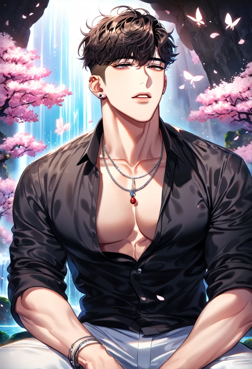 absurdres, highres, ultra detailed, HDR, master piece, best quality, detailed eyes, delicated features, Manhwa Style, Yae Jin, brown hair, messy hair, undercut hair, with bangs, expressive amber eyes, Love Jinx, solo, sexy man, handsome, sensual, adult face, black shirt, unbuttoned shirt, necklace, ear piercings, white pants, sitting, fantasy, magical, waterfall, rocks, butterflies, spring, cherry blossoms, flowers