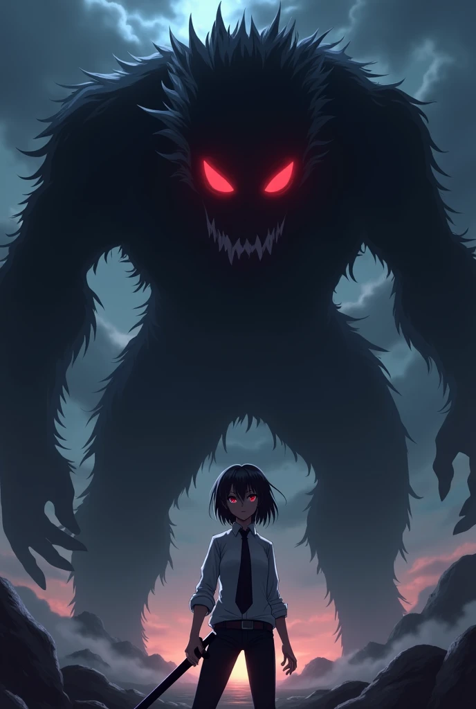 a black being with a human silhouette with sharp teeth, Eyes red, with thorns on the body, be hideous