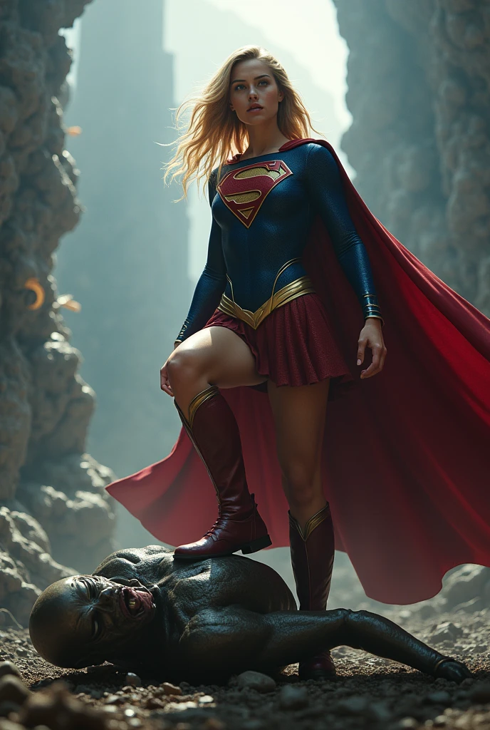 A beautiful blonde woman Adriana Lima wearing a blue leather jumpsuit combined with black gloves and red leather boots Superman Man Of Steel Movie emblem on her chest kneeling screaming exhausted after a battle blood around her skulls and lots of blood hair tied back in a ponytail reflection of her in her blood DC universe logo in the background