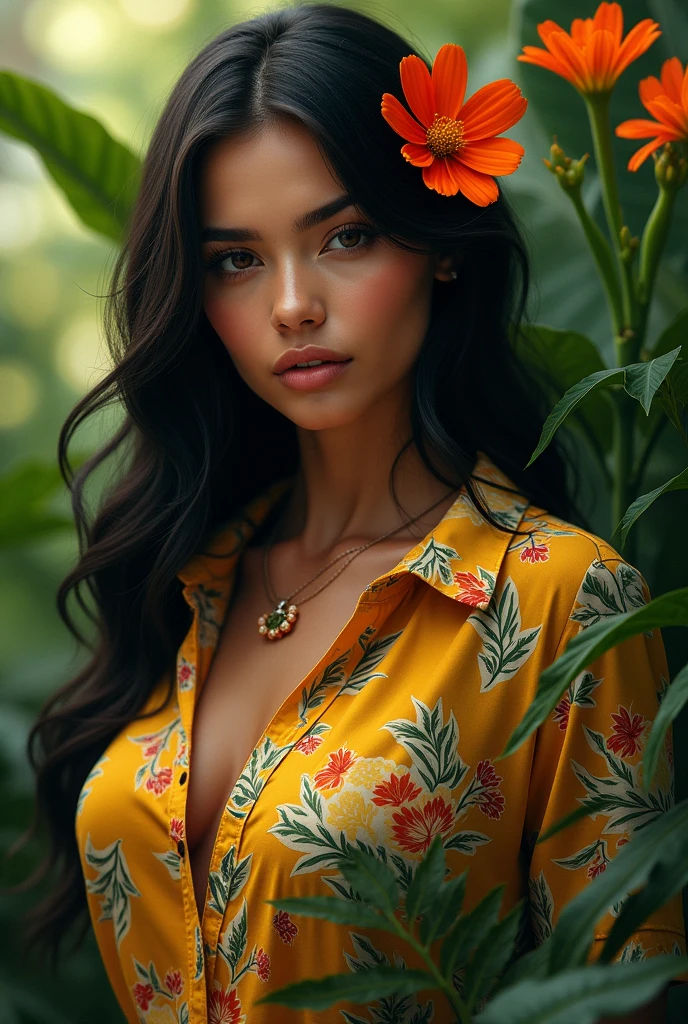 A Brazilian woman in a lush tropical garden, wearing an open shirt with a floral print, with a close-up capturing the harmonious beauty between her breasts and the natural flowers, showing off your natural charm and outgoing personality.