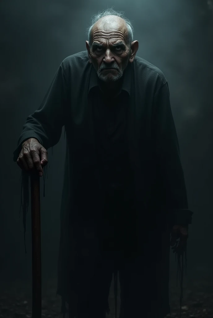 a old man looking up with wide shocked eyes, her name is (The Grave Digger), horror, creepy, scary, shock value, evil,  evoke, fear, terror, dread, decay, disgust, Psycho, dark, twisted, frightening, sick, solo, close up, fog, fall weather, dusk, his mouth is open