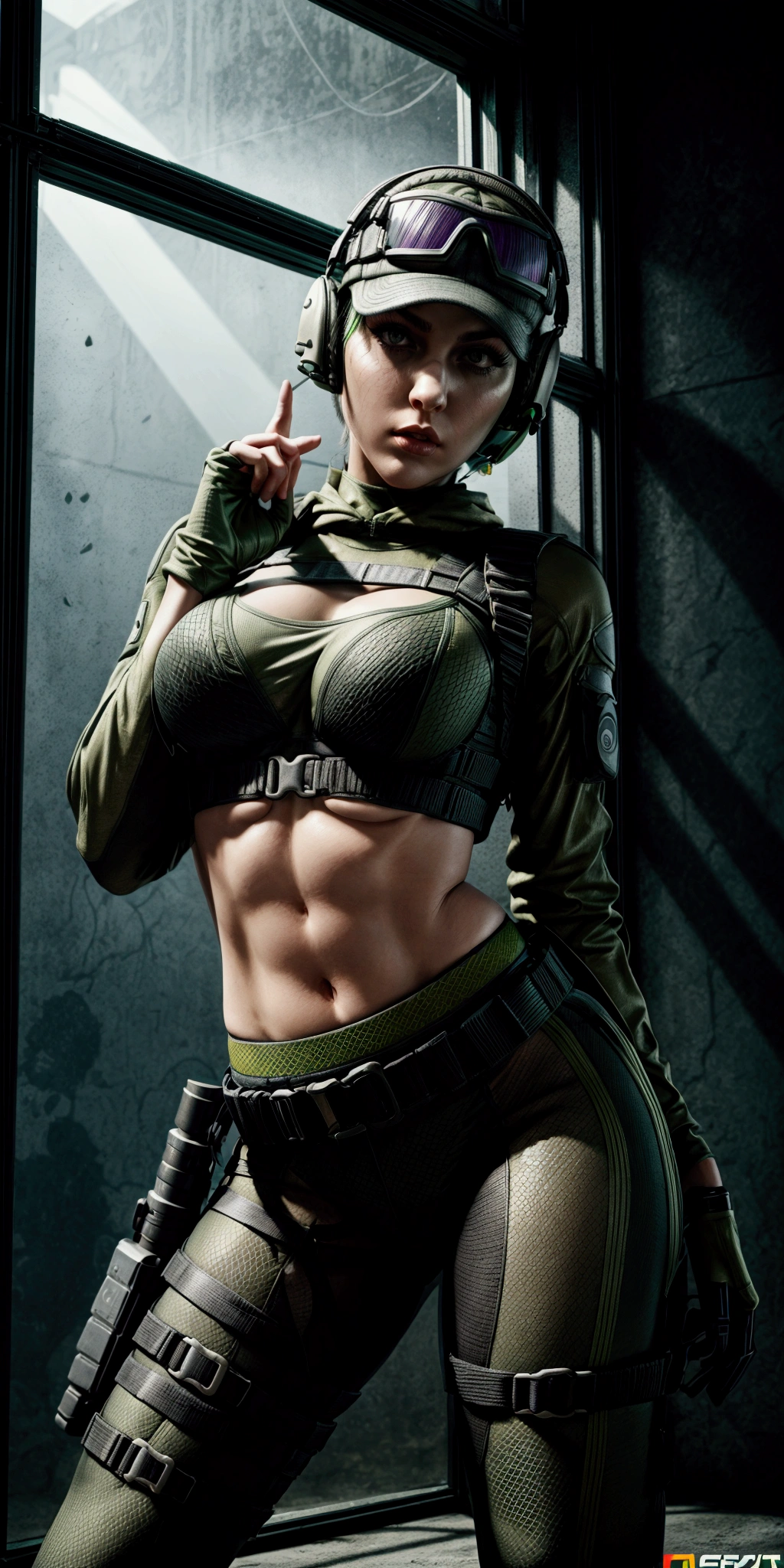 ela rainbow six siege, green short hair, cap, tactical headphones, belts, straps, tight black cloth, sexy pose, thin narrow waist, big sexy breasts, yoga military pants, googles, tactical gloves, headset, shirt