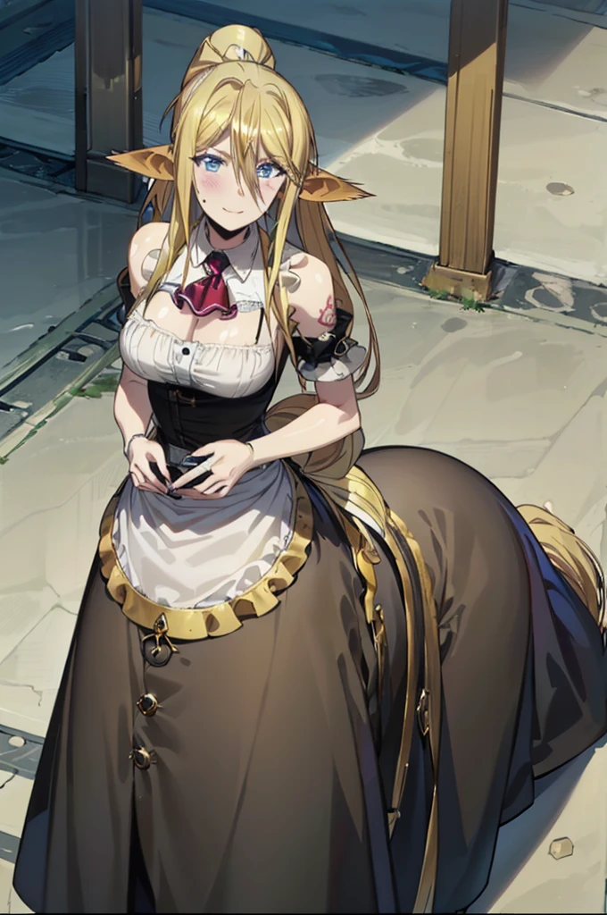 best quality, masterpiece, (absurdres), 1girl, solo, looking at viewer, smile, 
centaur, taur, centorea shianus, 
(brown fur:1.1), huge breasts, ascot, blonde hair, blue eyes
(black skirt:1.3), white shirt, sleeveless
masterpiece, highest quality, highest resolution, distinct_image, detailed details) , 1 centaur horse , , solo , 40's ,milf , widow , massive breasts , c cleavage, attractive body, attractive face, attractive expressions , attractive eyes, attractive lips , attractive wrinkles , pale skin , blonde hair , blue eyes , 4 legs horse , , soft hair , one black mole on left eye , soft lips , soft hair , pale skin , black eyeshadow , black makeup , black lipstick , black fingernails , attractive women , strong build body , attractive Victorian maid dress , big bright eyes , centora , monster museum , multiple slavery tattoo temporarily on body , gold ring , ring , black attractive choker, blush , teasing facial expressions , on chamber on castle ,