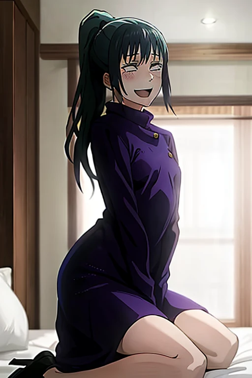 ((Best Quality)), ((masterpiece)), (be familiar with), Perfect Face, indoor, bedroom, Watching the audience,
One woman, Zenin Maki,
Open Mouth, Ecstatic expression, blush, smile,
Small breasts, Flat Chest, , , , Girl,
Long Hair, ponytail,
Leg spread,