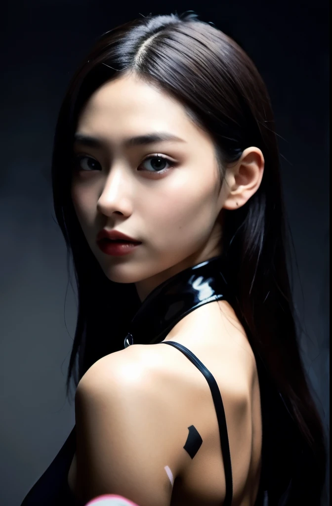 ((best quality)), ((masterpiece)), (detailed), 1girl, beautiful straight black long hair ,seductive gaze ,perfect body , luxury necklace , luxury bracelets , boots , titantron background , black long jacket , wrestling gear , black bra