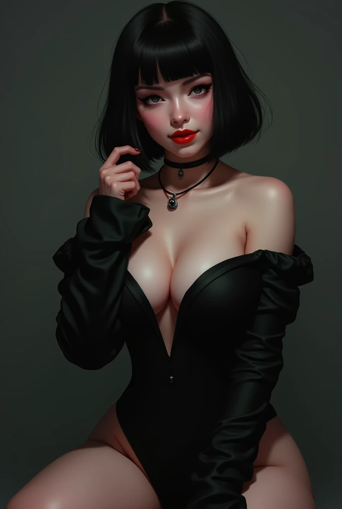 chica sexy, Hands on the back of the head, short black hair, big breasts, cosmic eyes, black dress with a deep neckline, round buttocks, pale skin