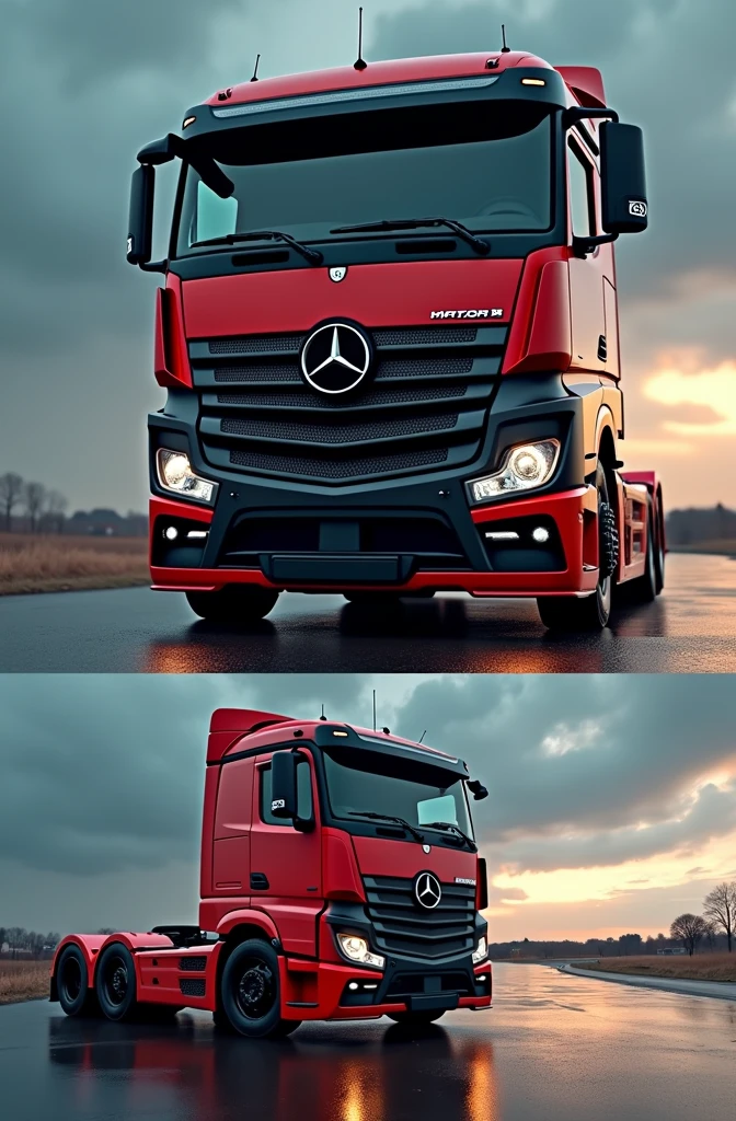 (high quality image, high definition, Photo realistic) SIDE VIEW OF A MERCEDES BENZ ACTROSS TYPE TRACTOR TRUCK, with the characteristics of a lamborghini, aggressive, powerful. The truck is RED AND BLACK, big grill, with the acronym "MB" on the grill, ON THE ROAD, sunlight reflecting on the bodywork. wet floor, Water, cinematic lighting, glowing light, Reflection light, 16K, UHD, Retina, masterpiece, accurate, high quality, best quality, highres, 16K