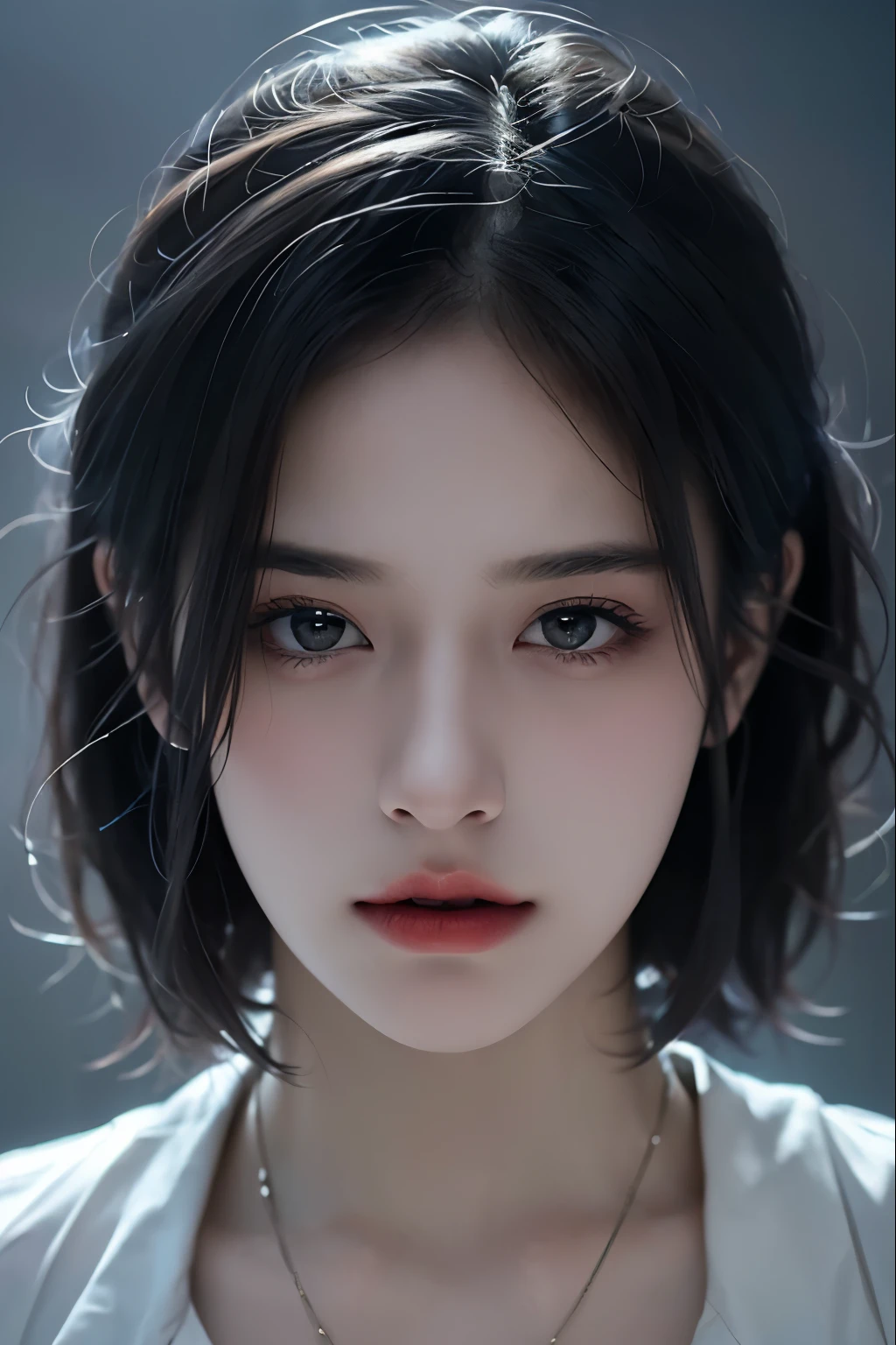 Best quality, masterpiece, ultra high res, (photorealistic:1.5), raw photo, 1girl, offshoulder, in the dark, deep shadow, low key, cold light, sexy look, short hair