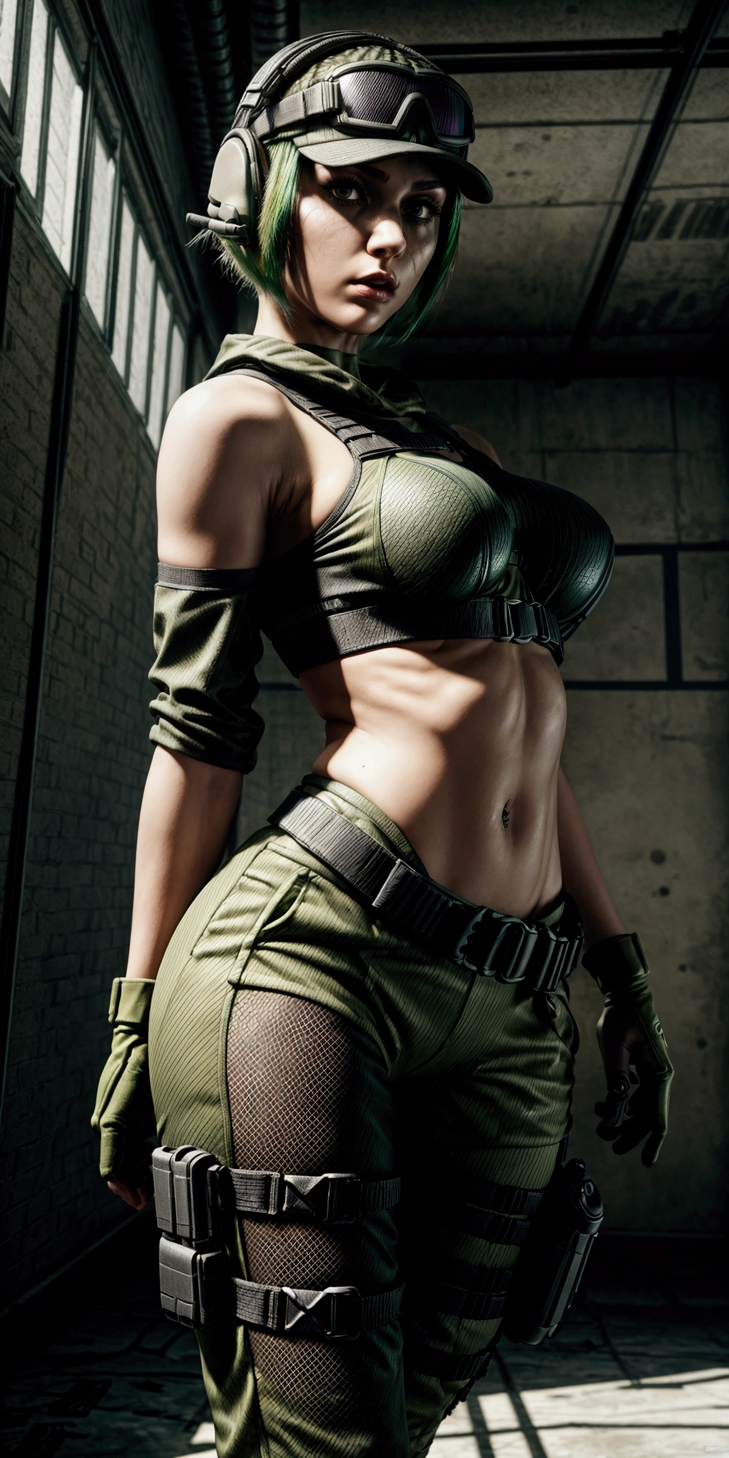 ela rainbow six siege, green short hair, cap, tactical headphones, belts, straps, tight black cloth, sexy pose, thin narrow waist, big sexy breasts, yoga military microshorts, googles, tactical gloves, headset, shirt
