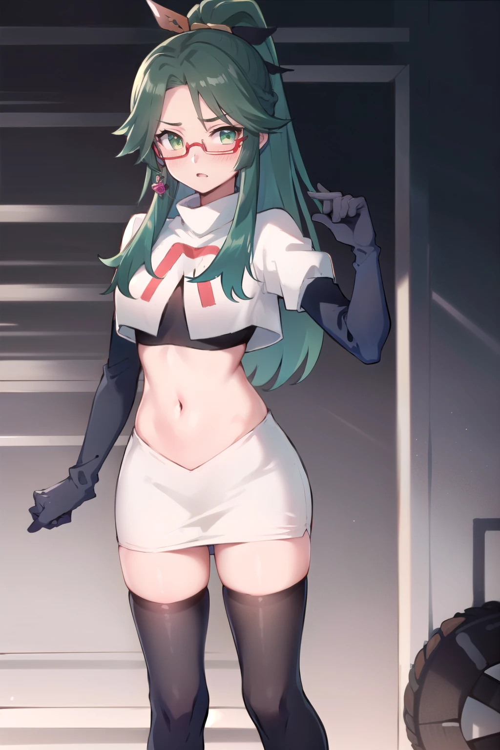 (((pixel-perfect, detail-perfect))), solo, 1girl, natsumi kyouno_small, team rocket,team rocket uniform,white skirt,red letter R,crop top,black thigh-highs,black elbow gloves
