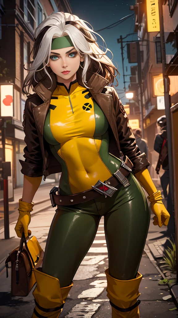 Masterpiece, hd, 8k, ultra detailed, photorealistic !(Rogue is a mutant superhero who has the power to absorb the memories, powers, and characteristics of anyone she touches. Her appearance and wardrobe have varied over the years, but some elements are constant. Rogue has brown hair with a white streak in the front, which is the result of permanently absorbing Ms. Marvel's powers¹. Her eyes are green and she usually wears discreet makeup. His most characteristic wardrobe is a green and yellow bodysuit with a brown leather jacket over it. The suit has a belt with an X and high boots. Rogue also wears gloves to prevent accidental contact with other people. Sometimes Rogue accessorizes her outfit with a scarf, cap, or sunglasses. Rogue has an athletic figure and average height. Their expression is usually confident and defiant, but can also show vulnerability and tenderness. Rogue is a southern belle who has become a leader of the X-Men)