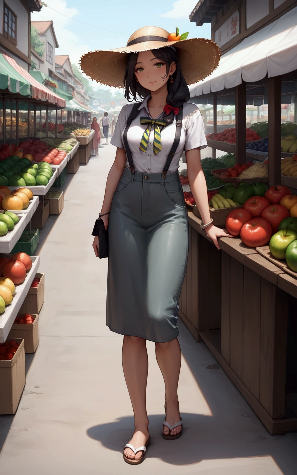 score_9, score_8_up, score_7_up, score_6_up, score_5_up, score_4_up, source_anime, arafed woman standing in front of a fruit stand with mangos, market, wet market street, market setting, with a figure in the background, fresh, mango, with street food stalls, beautiful lady, market in japan, mai anh tran, f2, f 2, around the city, she is in black shoulder length hair with straw hat, wears gray cardigan, white t-shirt, suspenders,  green-gray denim cargo pencil mini skirt, black clocs, (1girl, solo, full body), (masterpiece, best quality, japanese anime style), (expressive eyes, perfect face, perfect anatomy)