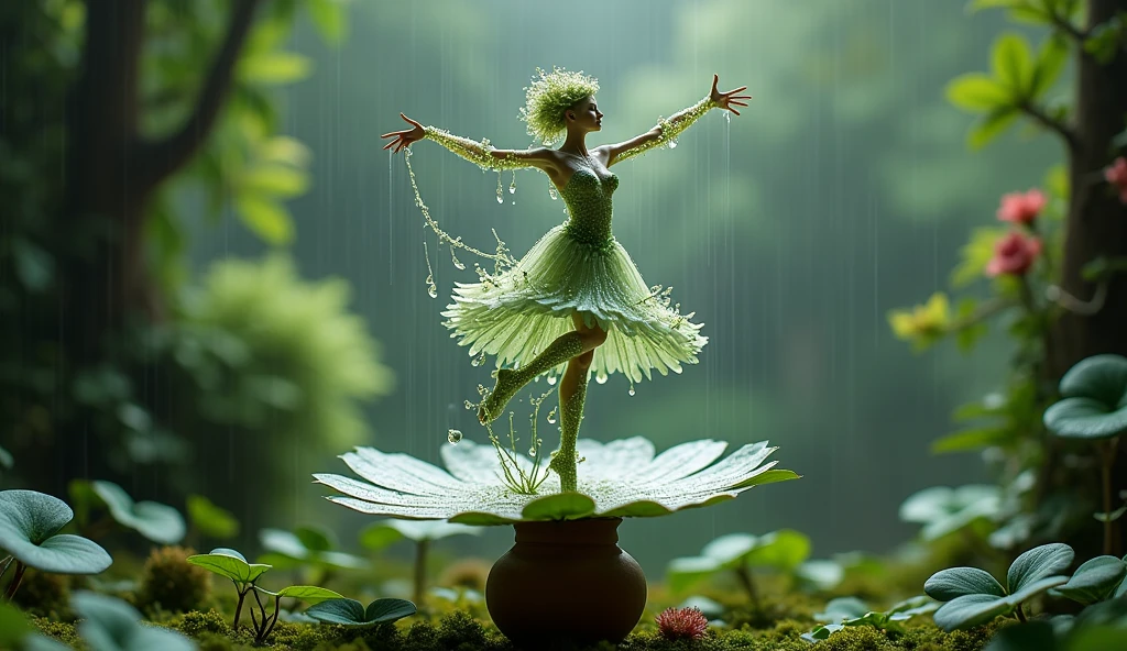 A human like figure made of glass dancing on a pot, forest rain background
