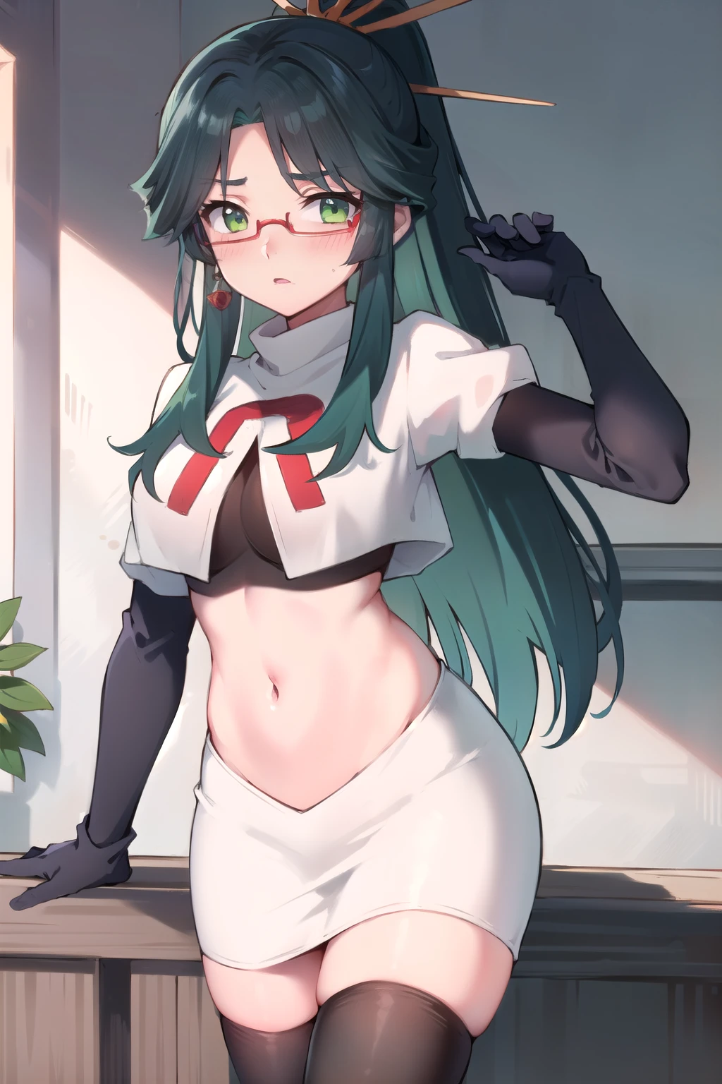 2d, masterpiece, best quality, anime, highly detailed face, perfect lighting, long hair, ponytail, multicolored hair, black hair, bangs, glasses, semi-rimless eyewear, earrings, green hair, hair ornament, jewelry, red-framed eyewear, green eyes, team rocket,team rocket uniform,white skirt,red letter R,crop top,black thigh-highs,black elbow gloves, embarrassed, blush