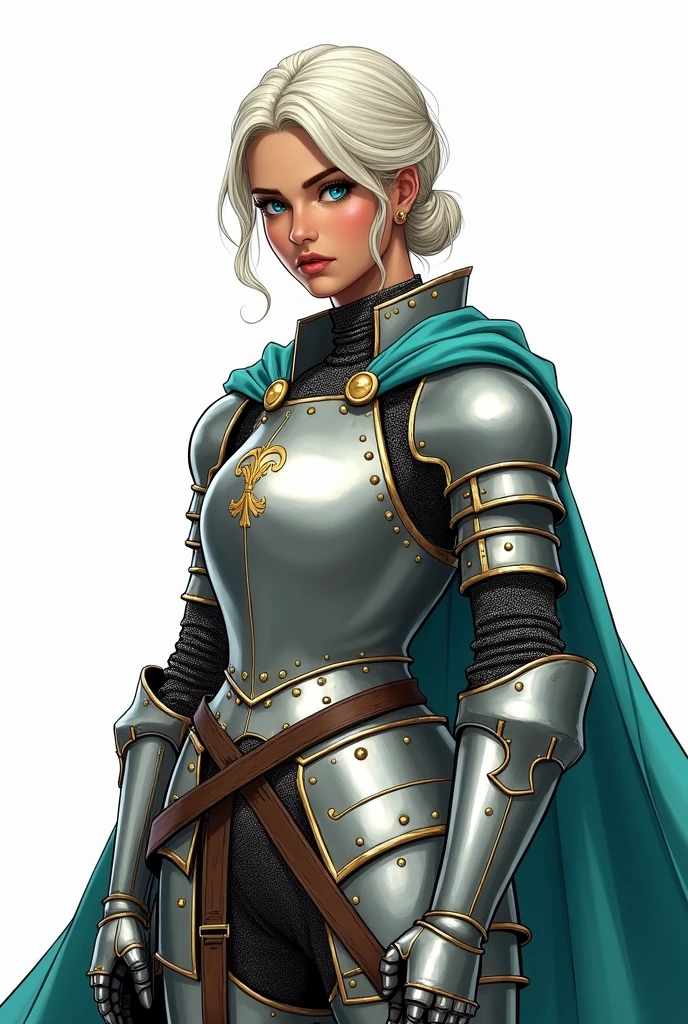 score_9, score_8_up, source_anime, Ancient European style armor, Silver-haired female knight, detailed face, detailed eyes, black sclera, Green emerald pupils, High ponytail, Wearing silver-white armor, Delicate facial features, The drawing style is similar to that of characters in anime, Boots, Gaiters, with a pure white background, Character design, quadratic element, Include a small amount of introductory text