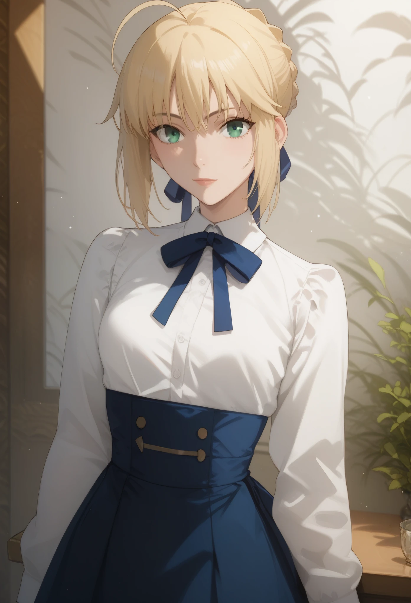 score_9, score_8_up, score_7_up, score_6_up, score_anime, masterpiece, best quality, ultra-detailed, highres, best anatomy, accurate anatomy, (small breasts), 1girl, solo female, blonde hair, green eyes, short hair, french braid, ahoge, white shirt, neck ribbon, long sleeves, high-waist skirt, blue skirt, black pantyhose, looking at viewer, 
