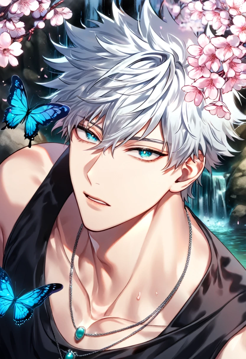 absurdres, highres, ultra detailed, HDR, master piece, best quality, detailed eyes, delicated features, Manhwa Style, Todoroki Touya, white hair, spiked hair, hair between the eyes, expressive turquoise eyes, Boku No Hero Academia, solo, sexy man, handsome, sensual, adult face, black tank top, necklace, fantasy, magical, waterfall, rocks, butterflies, spring, cherry blossoms, flowers