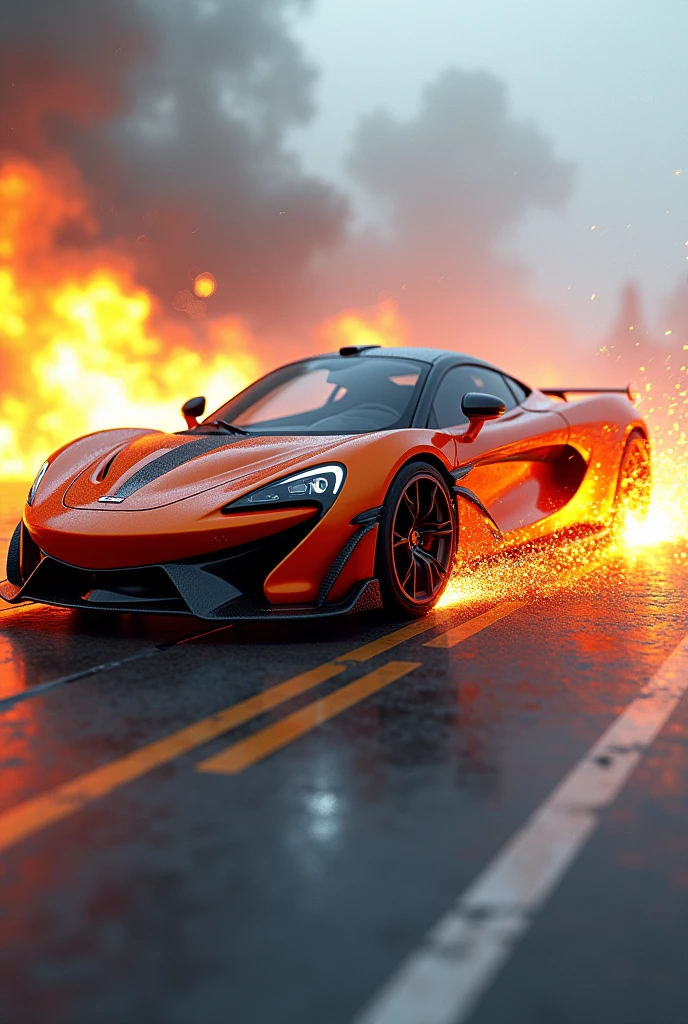Mclaren senna gtr on fire with black smoke recreating a legendary photo that looks realistic