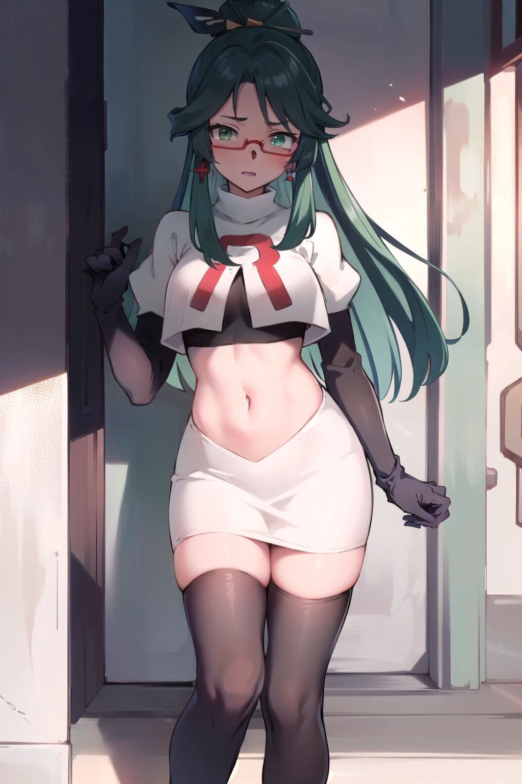  masterpiece, best quality, anime, highly detailed face, perfect lighting, long hair, ponytail, multicolored hair, black hair, bangs, glasses, semi-rimless eyewear, earrings, green hair, hair ornament, jewelry, red-framed eyewear, green eyes, team rocket,team rocket uniform,white skirt,red letter R,crop top,black thigh-highs,black elbow gloves, embarrassed, blush