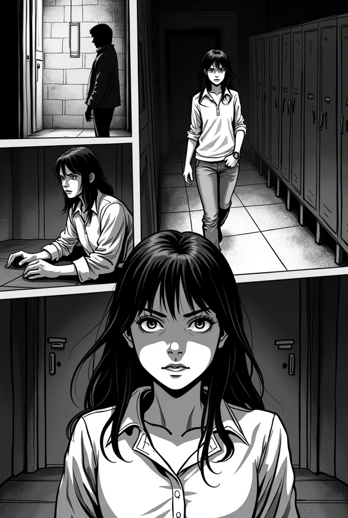 A masterpiece，A mix of Junji Ito style and Hero Asano style，horror manga，（（Full body image of woman with short black hair pushing open the door，run away））， 校服， white  shirt， pleatedskirt， ribbons， mini-skirts，Bigchest，The details are complex，Adopt a black and white comic book style，Full of chaos，Incorporated into the manga and anime style of the 1980s，Fantastic effects，Transparency processing，Frightened eyes，Frightened expressions，Short hairstyle，It shows the charm of women and a lively and lively image，Renders broken images， looking at viewert， female focus， Mono Color， escala cinza， the dark forest， Dark theme，