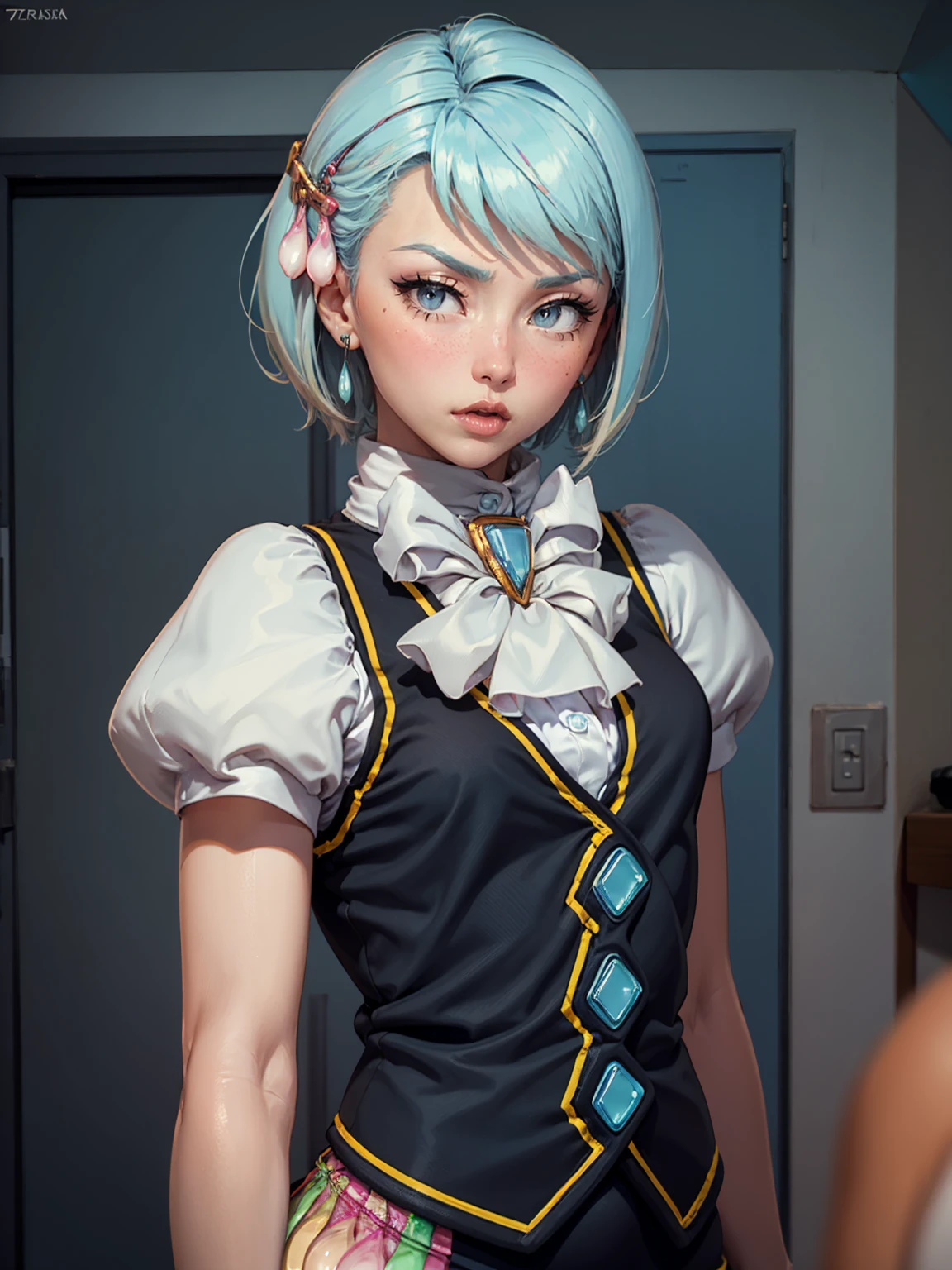 8k, ray tracing, vibrant colors, (aafranziska, light blue hair:1.5), (8 years_old:2.0), (solo:1.5), ascot, black vest, (flat chest:1.4), bare arms, pencil skirt, pantyhose, black gloves, jewelry, earrings, slim figure, masterpiece, sharp focus, Best Quality, depth of field, cinematic lighting, very detailed clothes, (condom belt, condom hair ornament:1.4), ((so embarrassed, blush)), perfect eyes, perfect hair, Rich in details and textures, masterpiece, Best Quality, beautiful girl, Sun light, chiaroscuro, (perfect hands:0.7, Clean hands:0.7), ((((Professional photography)))), ((Dream)), Whole body