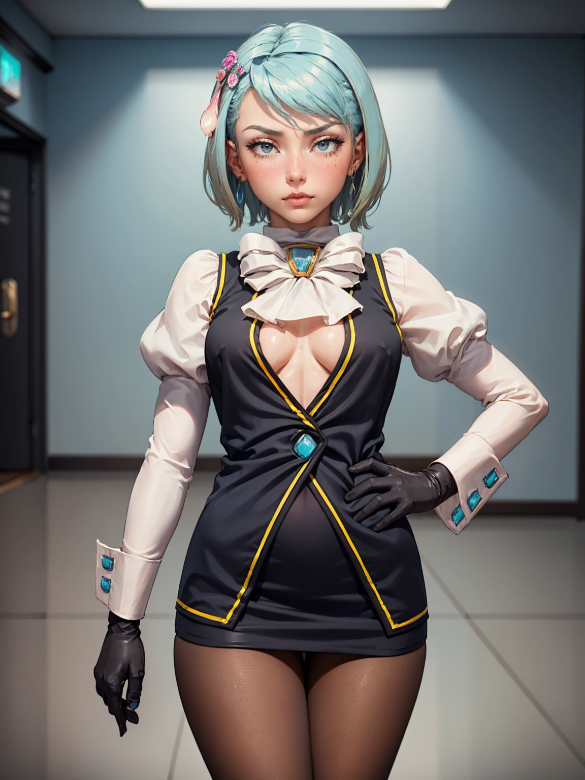 8k, ray tracing, vibrant colors, (aafranziska, light blue hair:1.5), (8 _old:2, (solo:1.5), ascot, black vest, (flat chest:1.4), bare arms, pencil skirt, pantyhose, black gloves, jewelry, earrings, slim figure, masterpiece, sharp focus, Best Quality, depth of field, cinematic lighting, very detailed clothes, (condom belt, condom hair ornament:1.4), ((so embarrassed, blush)), perfect eyes, perfect hair, Rich in details and textures, masterpiece, Best Quality, beautiful girl, Sun light, chiaroscuro, (perfect hands:0.7, Clean hands:0.7), ((((Professional photography)))), ((Dream)), Whole body
