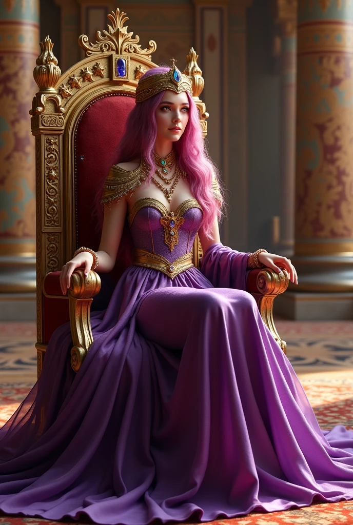 pink hair girl. queen. In a dark purple dress and a beautiful
Medieval fantasy
