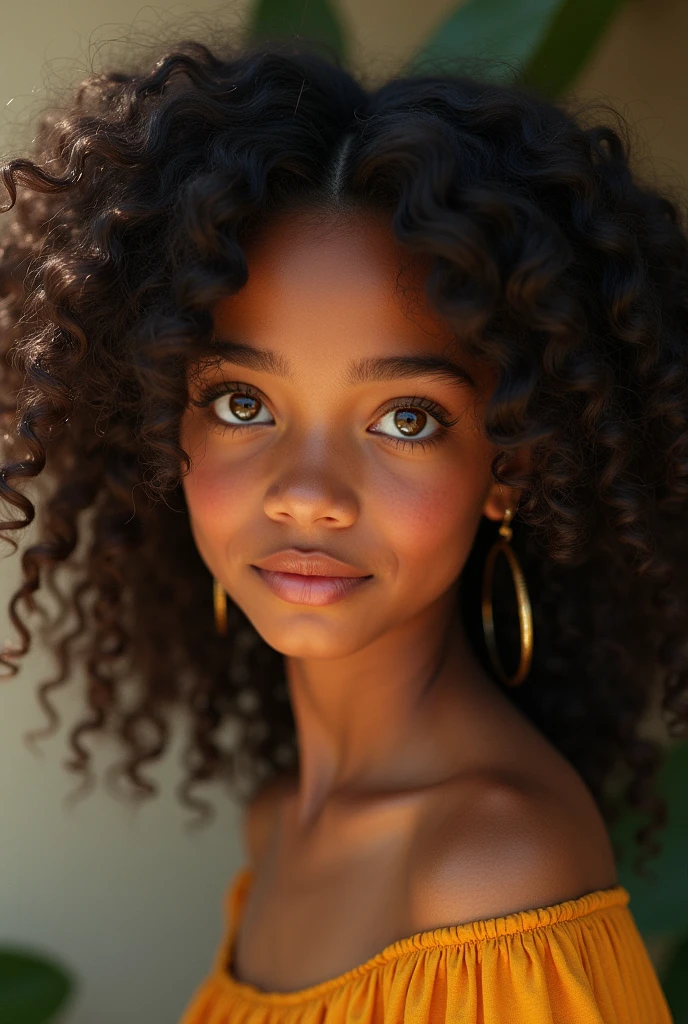Black woman with short black curly hair, brown eyes, Viking Era, smiling