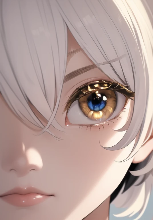 (masterpiece, best quality, high quality, highres, ultra-detailed),1girl,solo,beautiful eyes,white hair,golden eyes,short hair,ahoge,close up,happy,one eye closed,